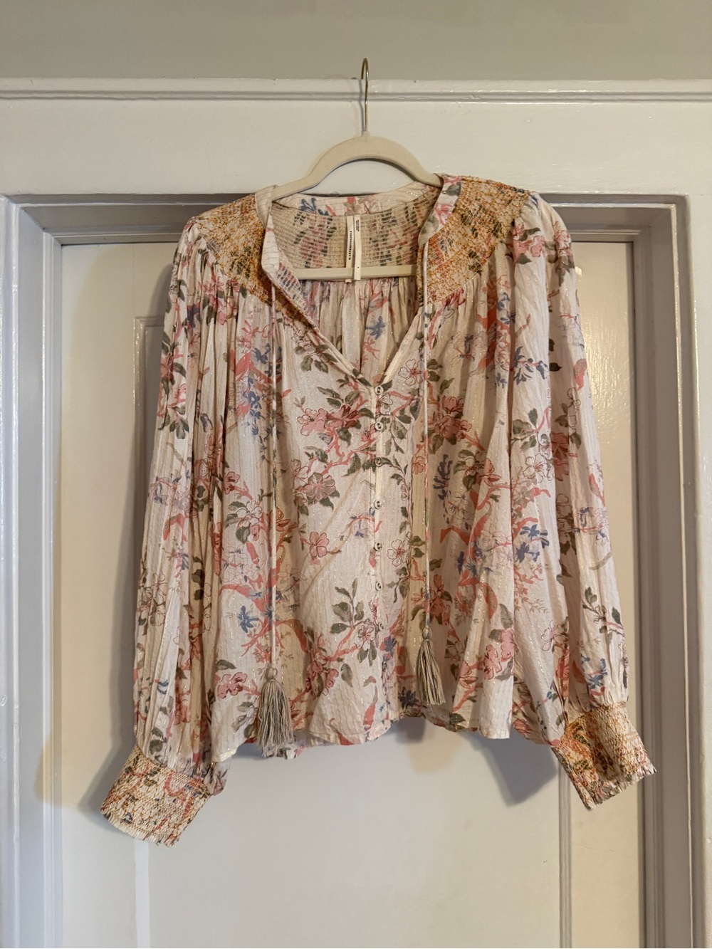 Anthropologie Floral Smocked Peasant Blouse - Cream with Pink & Blue Accents